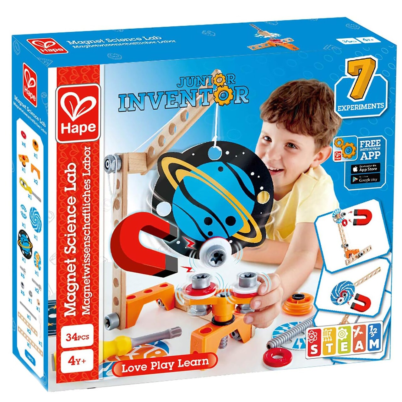 Hape: Junior Inventor: Magnet Science Lab - 34pcs, Wooden Building Toy, 7 Experiments, Space & Gravity Themed Set, Magnetic STEM Learning, Kids Age 4+